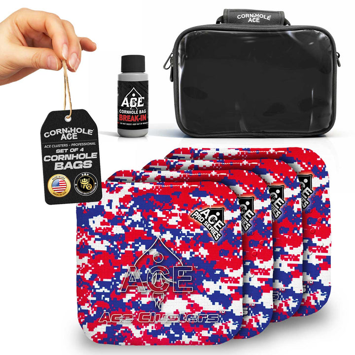 ACE Clusters USA Camo ACE Pro cornhole bags set of four with bold front graphics alternate view