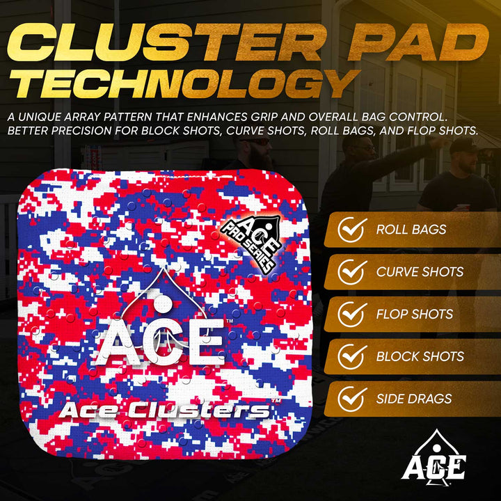 ACE Clusters USA Camo ACE Pro cornhole bags angled stack showing fabric texture
