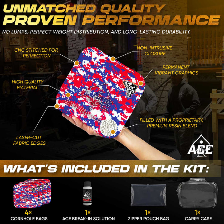 ACE Clusters USA Camo ACE Pro cornhole bags angled stack showing fabric texture alternate view