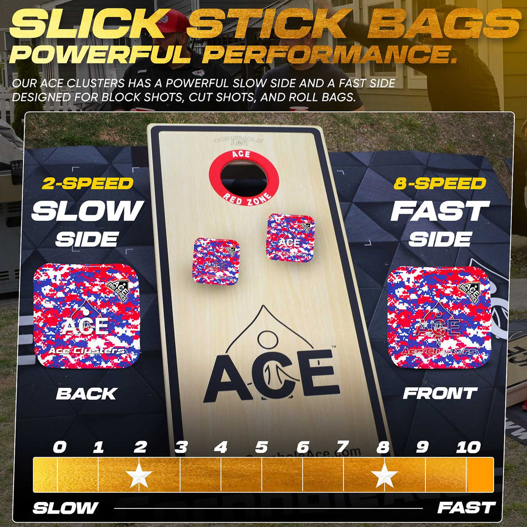 ACE Clusters USA Camo ACE Pro cornhole bags close-up with stitched seams and logo