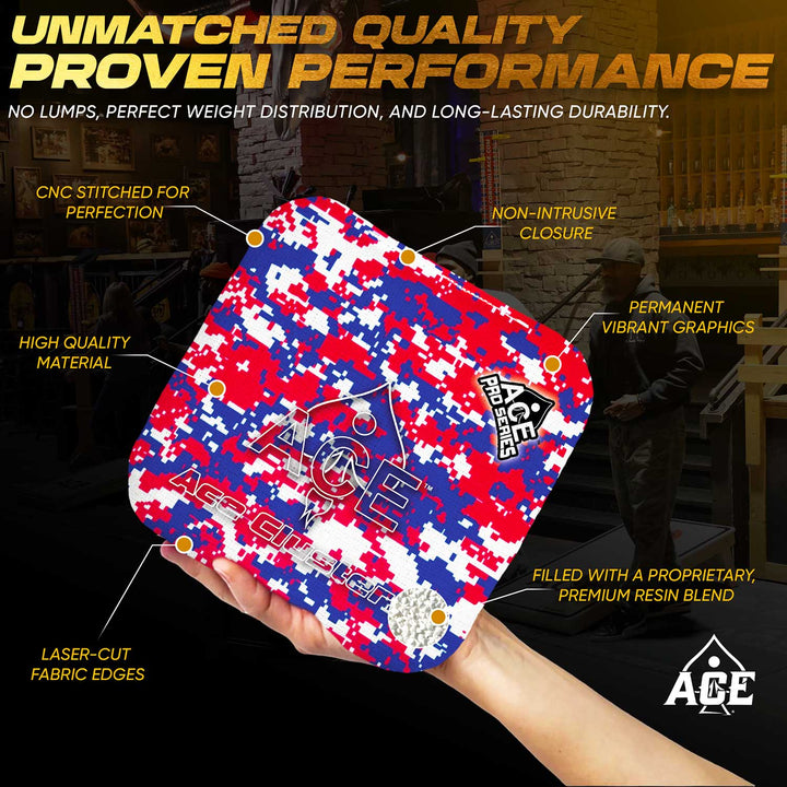 ACE Clusters USA Camo ACE Pro cornhole bags alternate side with coordinated graphic pattern