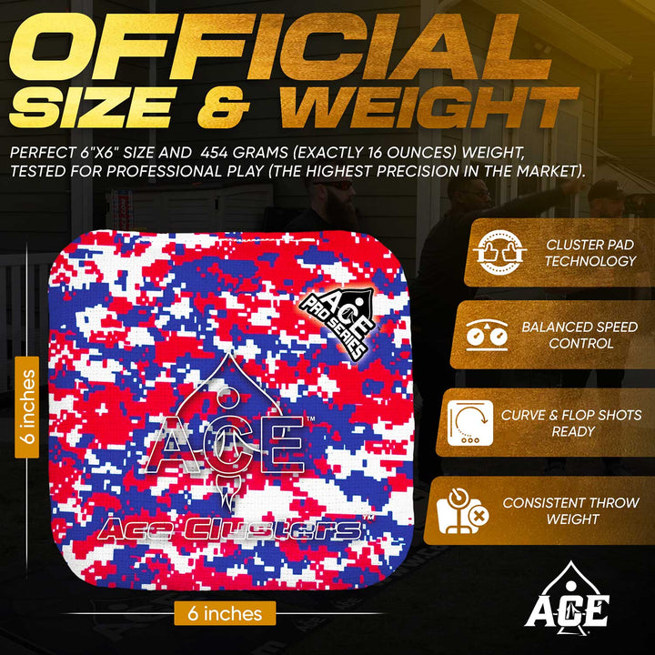 ACE Clusters USA Camo ACE Pro cornhole bags complete kit layout with matching accessories
