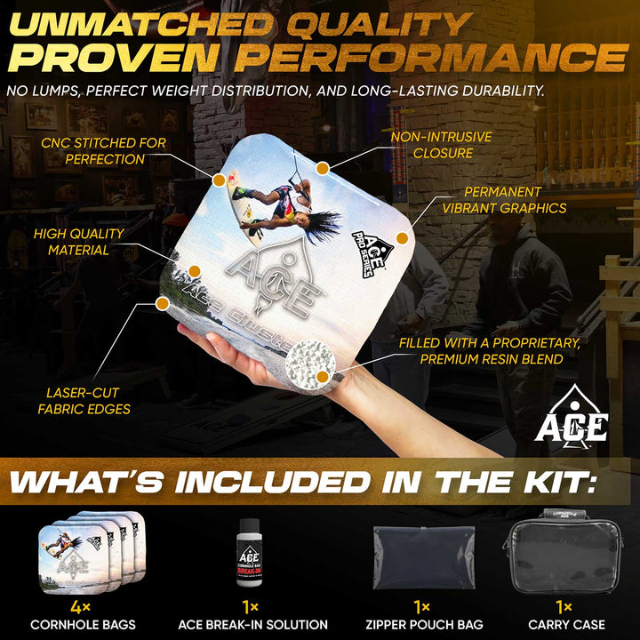ACE Clusters Wakeboarder ACE Pro cornhole bags angled stack showing fabric texture alternate view
