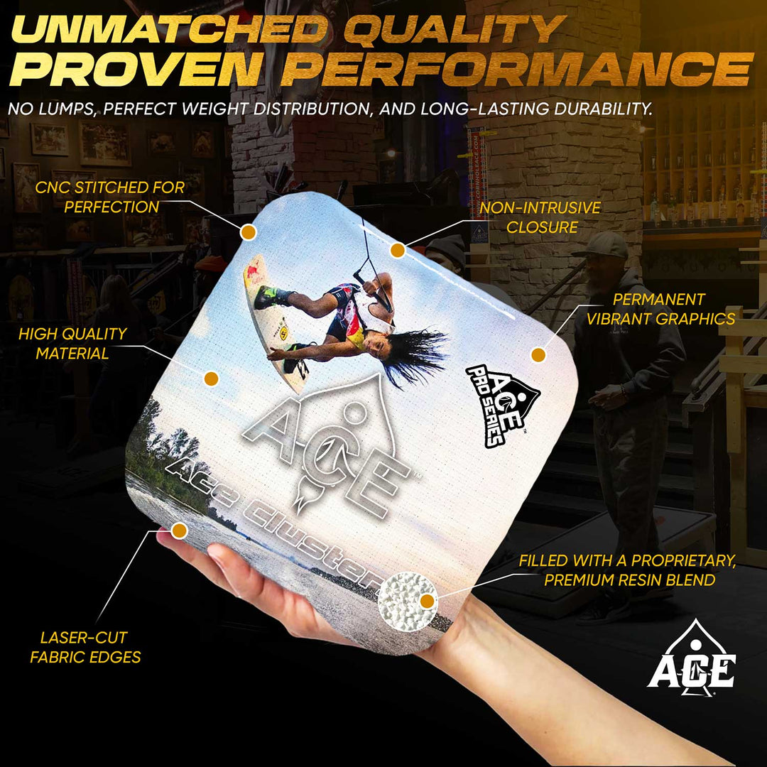 ACE Clusters Wakeboarder ACE Pro cornhole bags alternate side with coordinated graphic pattern