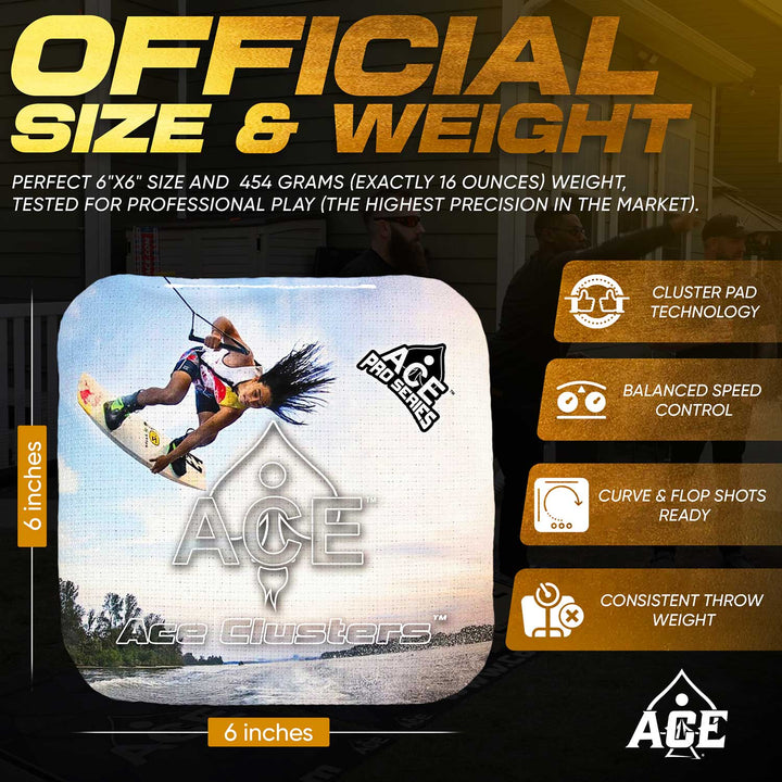 ACE Clusters Wakeboarder ACE Pro cornhole bags organized set layout with matching designs
