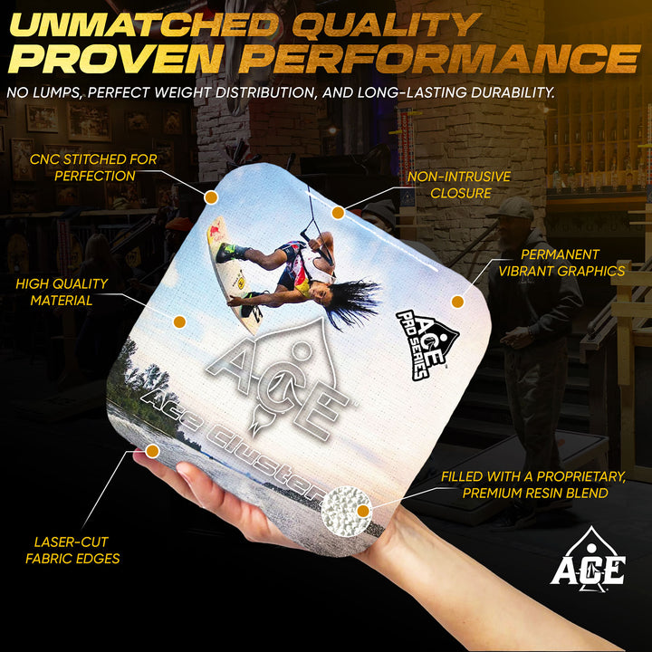 ACE Clusters Wakeboarder ACE Pro cornhole bags organized set layout with matching designs alternate view