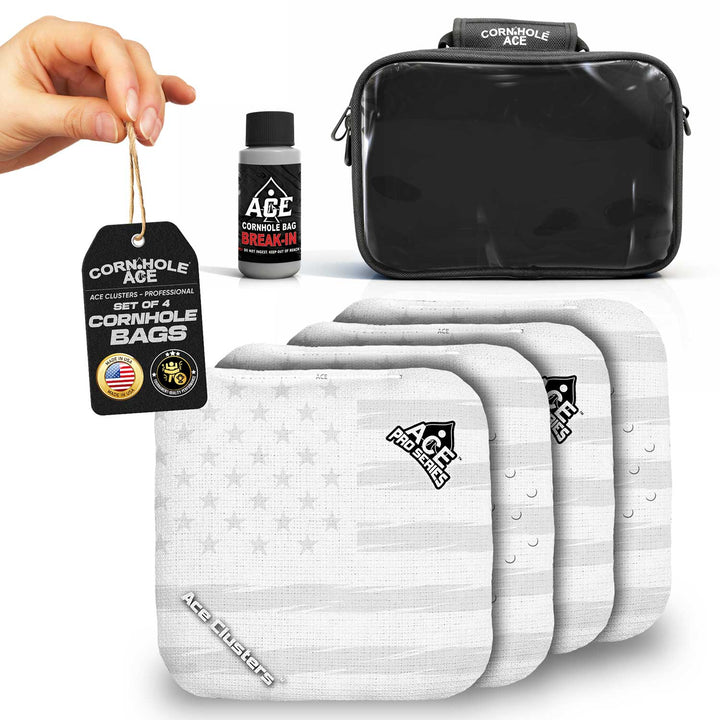 ACE Clusters White USA Flag ACE Pro cornhole bags set of four with bold front graphics alternate view