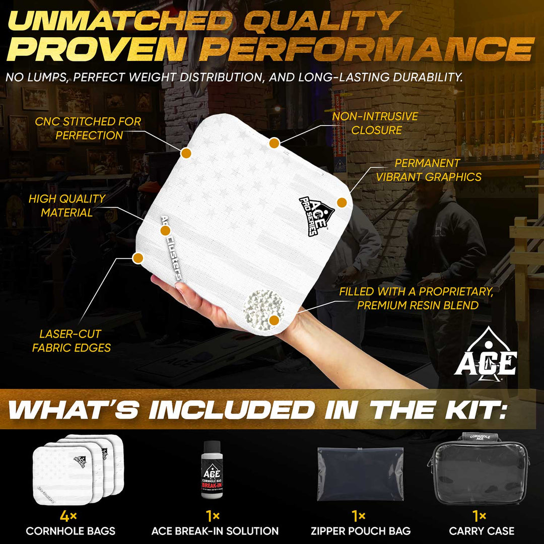 ACE Clusters White USA Flag ACE Pro cornhole bags angled stack showing fabric texture alternate view