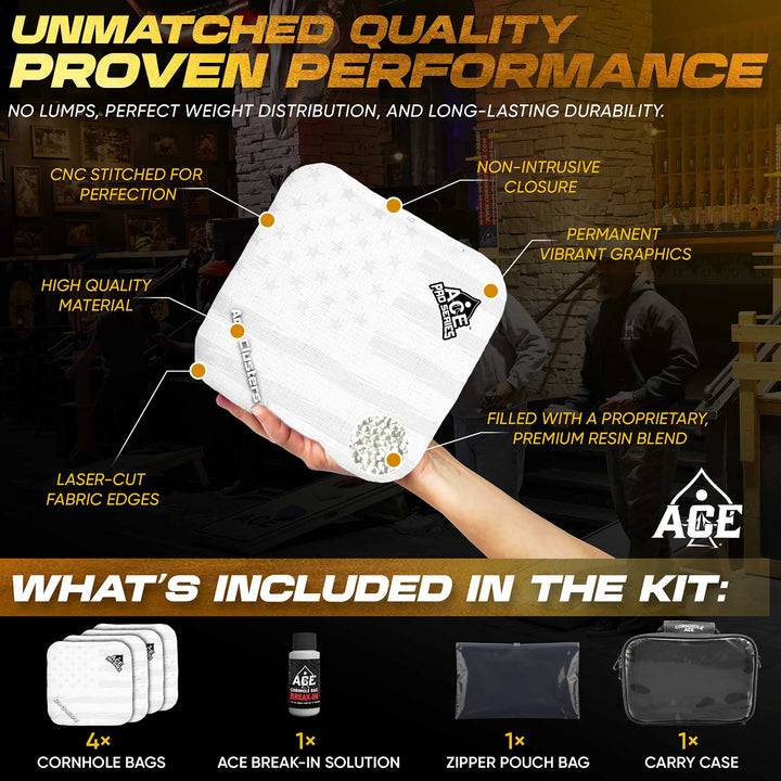 ACE Clusters White USA Flag ACE Pro cornhole bags angled stack showing fabric texture alternate view