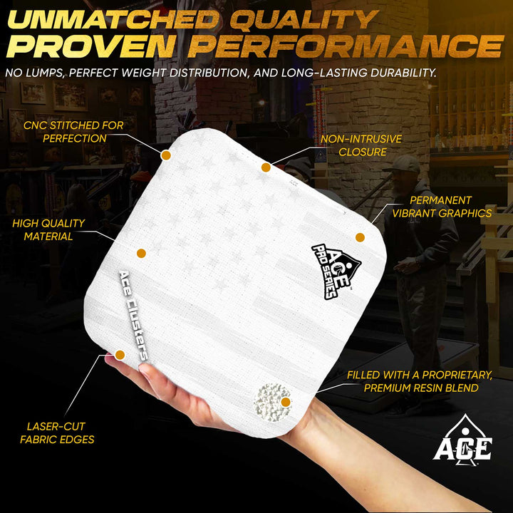 ACE Clusters White USA Flag ACE Pro cornhole bags alternate side with coordinated graphic pattern