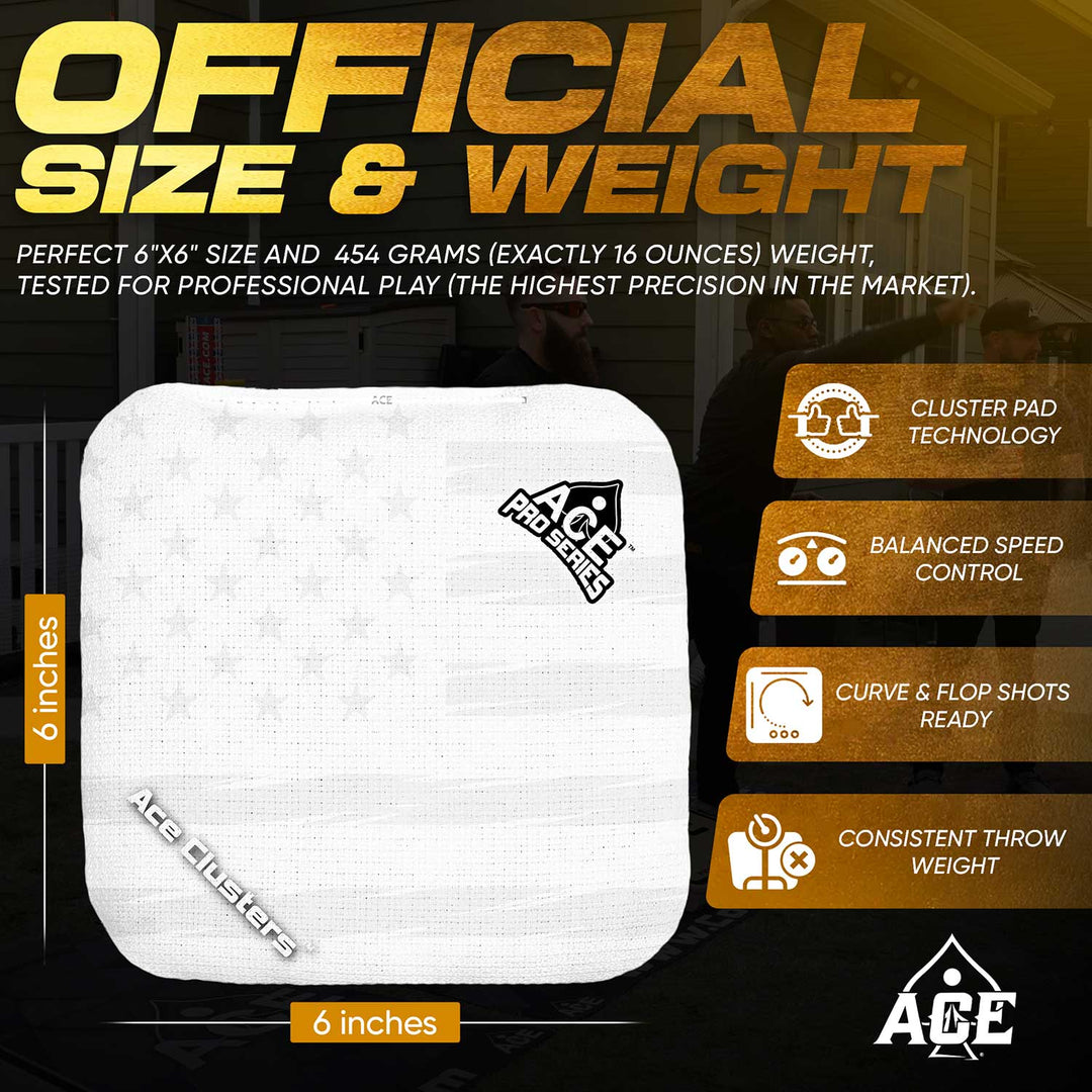 ACE Clusters White USA Flag ACE Pro cornhole bags complete kit layout with matching accessories