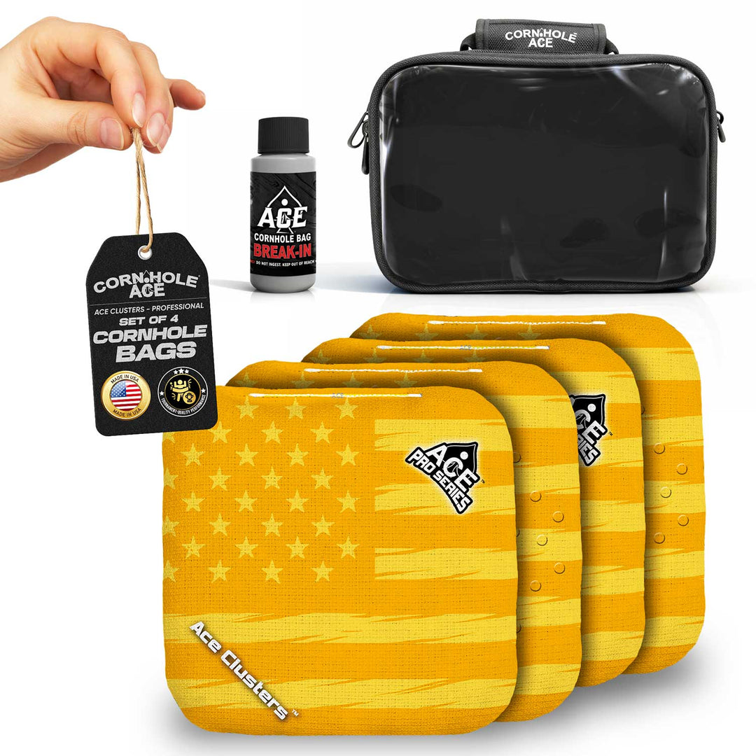 ACE Clusters Yellow USA Flag ACE Pro cornhole bags set of four with bold front graphics alternate view