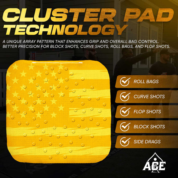 ACE Clusters Yellow USA Flag ACE Pro cornhole bags angled stack showing fabric texture