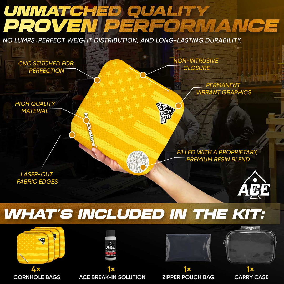 ACE Clusters Yellow USA Flag ACE Pro cornhole bags angled stack showing fabric texture alternate view