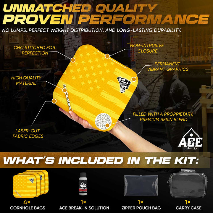 ACE Clusters Yellow USA Flag ACE Pro cornhole bags angled stack showing fabric texture alternate view