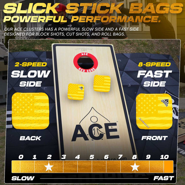 ACE Clusters Yellow USA Flag ACE Pro cornhole bags close-up with stitched seams and logo