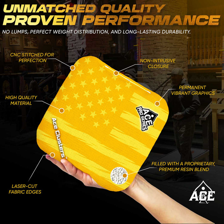 ACE Clusters Yellow USA Flag ACE Pro cornhole bags alternate side with coordinated graphic pattern