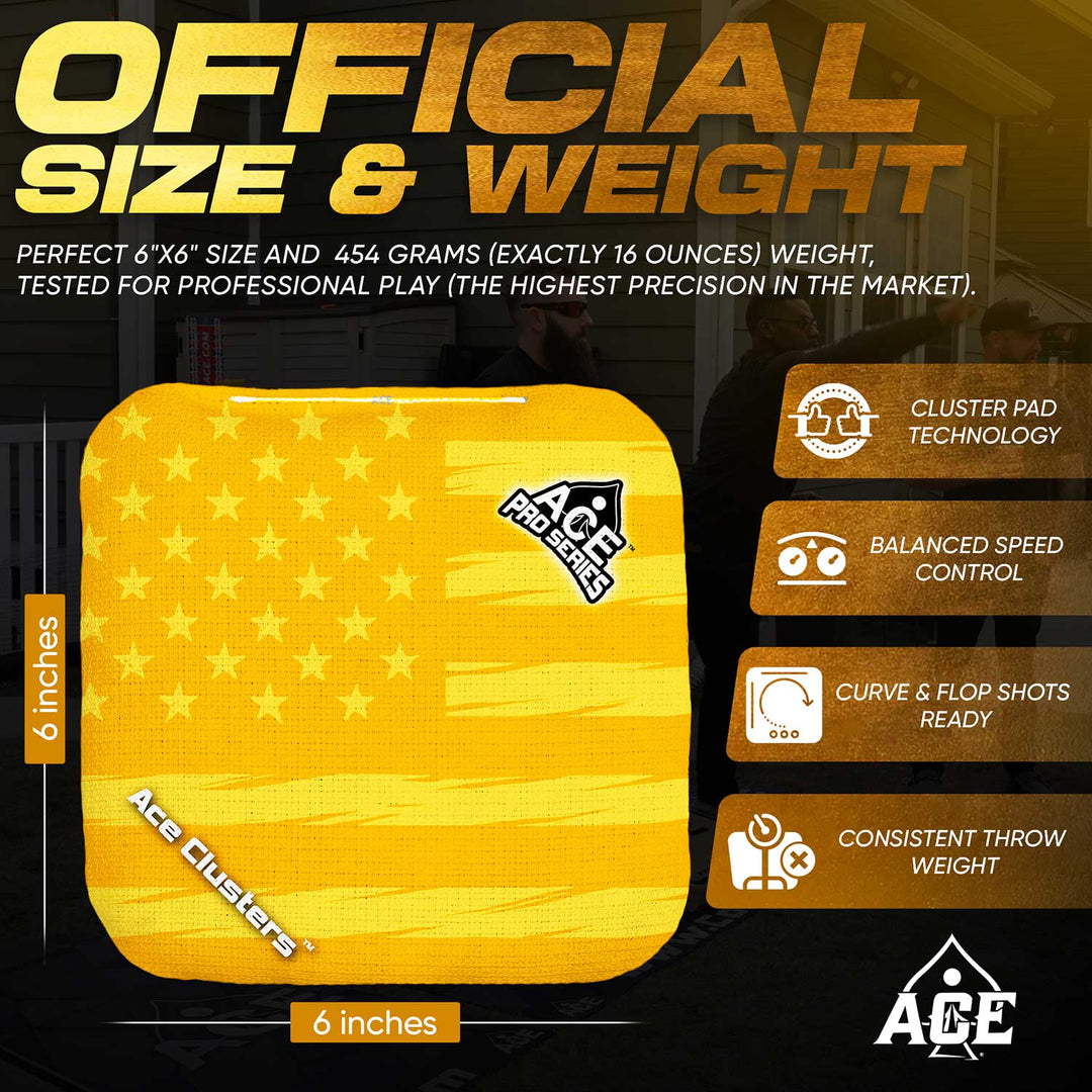 ACE Clusters Yellow USA Flag ACE Pro cornhole bags organized set layout with matching designs