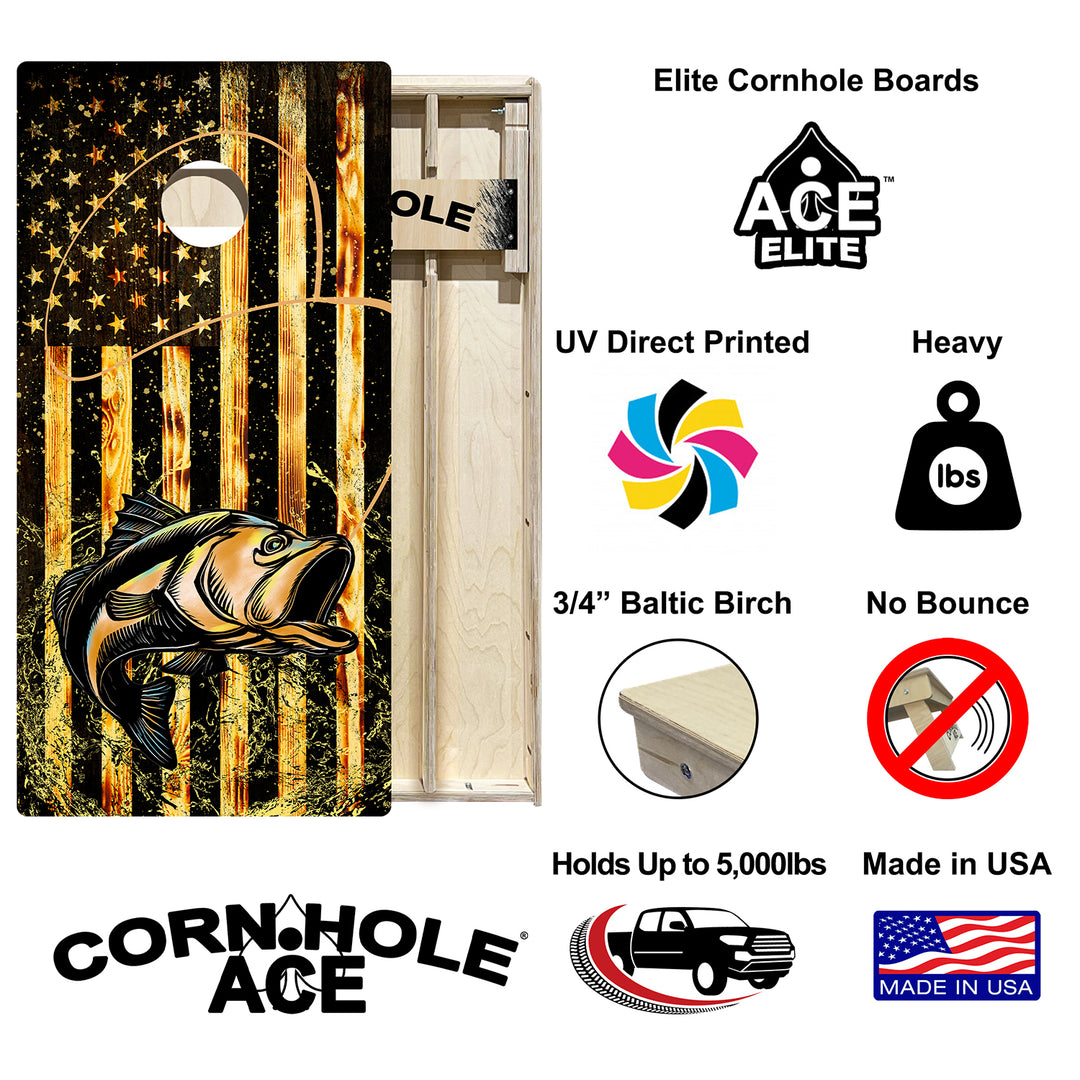 Bass Fishing with USA Flag - Cornhole Board Set - Elite