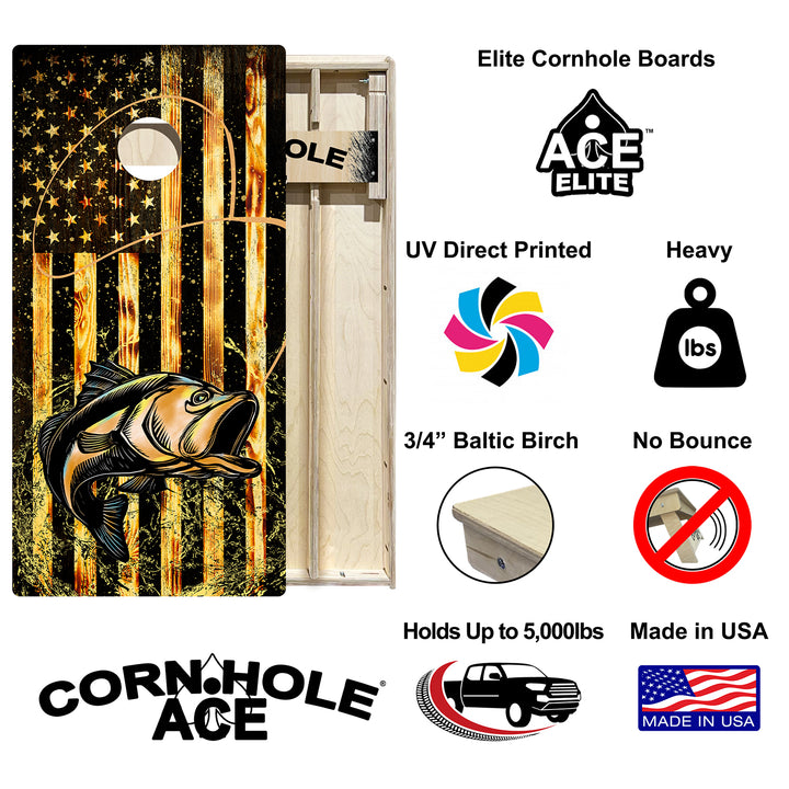 Bass Fishing with USA Flag - Cornhole Board Set - Elite