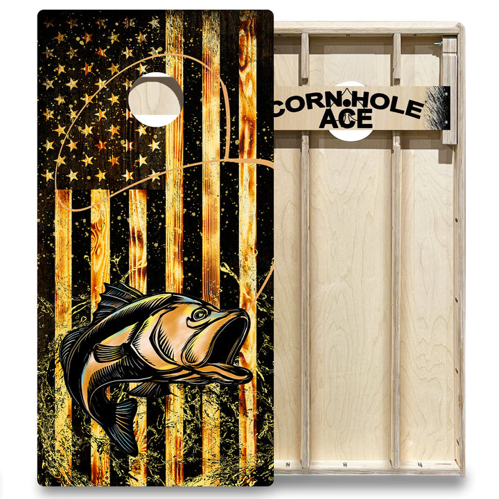 Bass Fishing with USA Flag - Cornhole Board Set - Elite