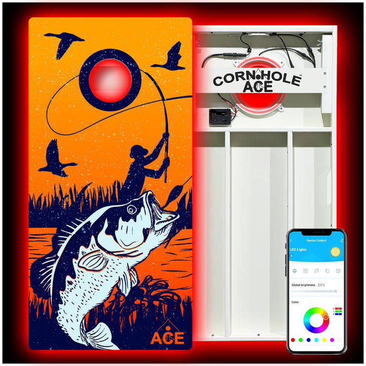 Bass Fishing at Sunset - Cornhole Board Set - All Weather - With Pro Light Kit