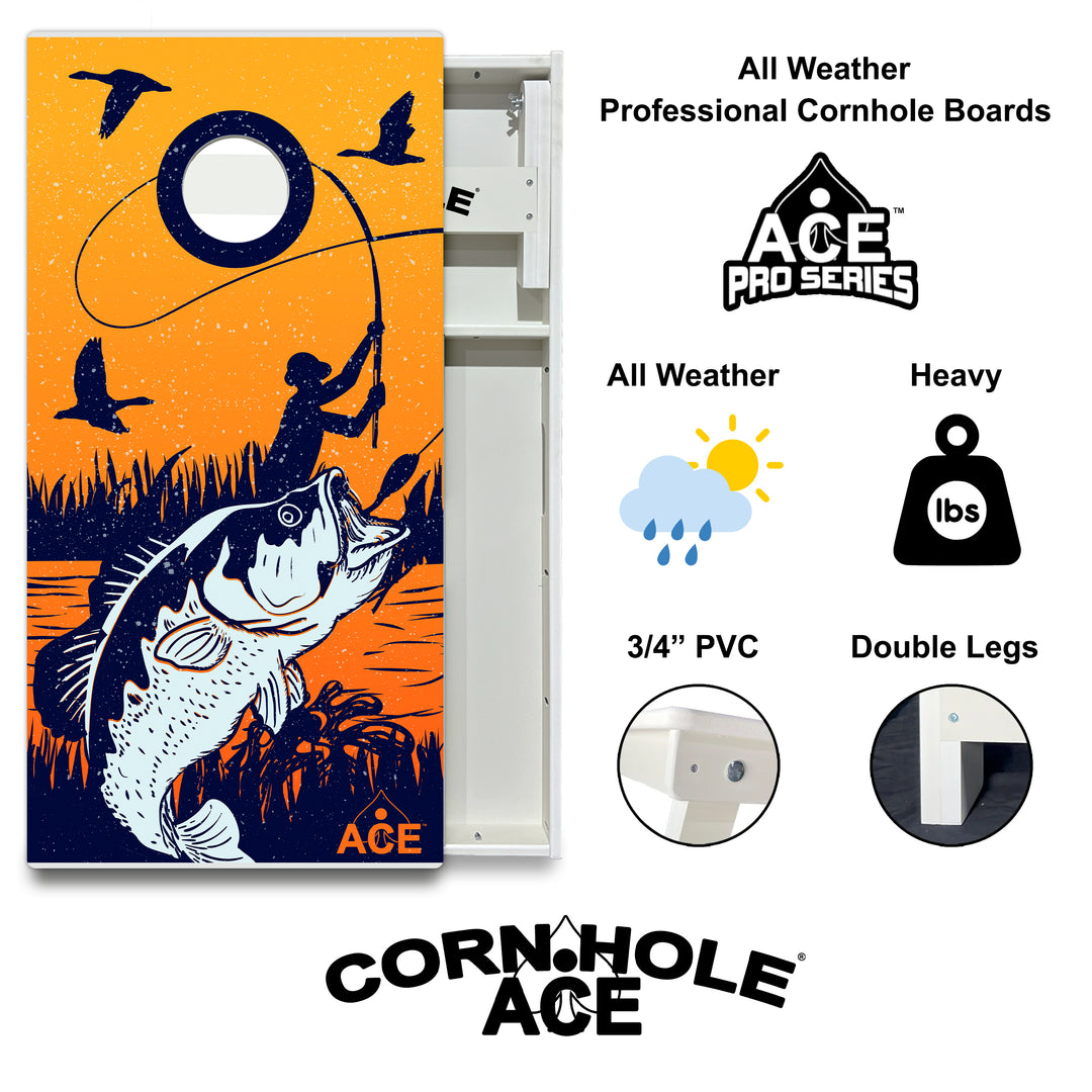 Bass Fishing at Sunset - Cornhole Board Set - All Weather