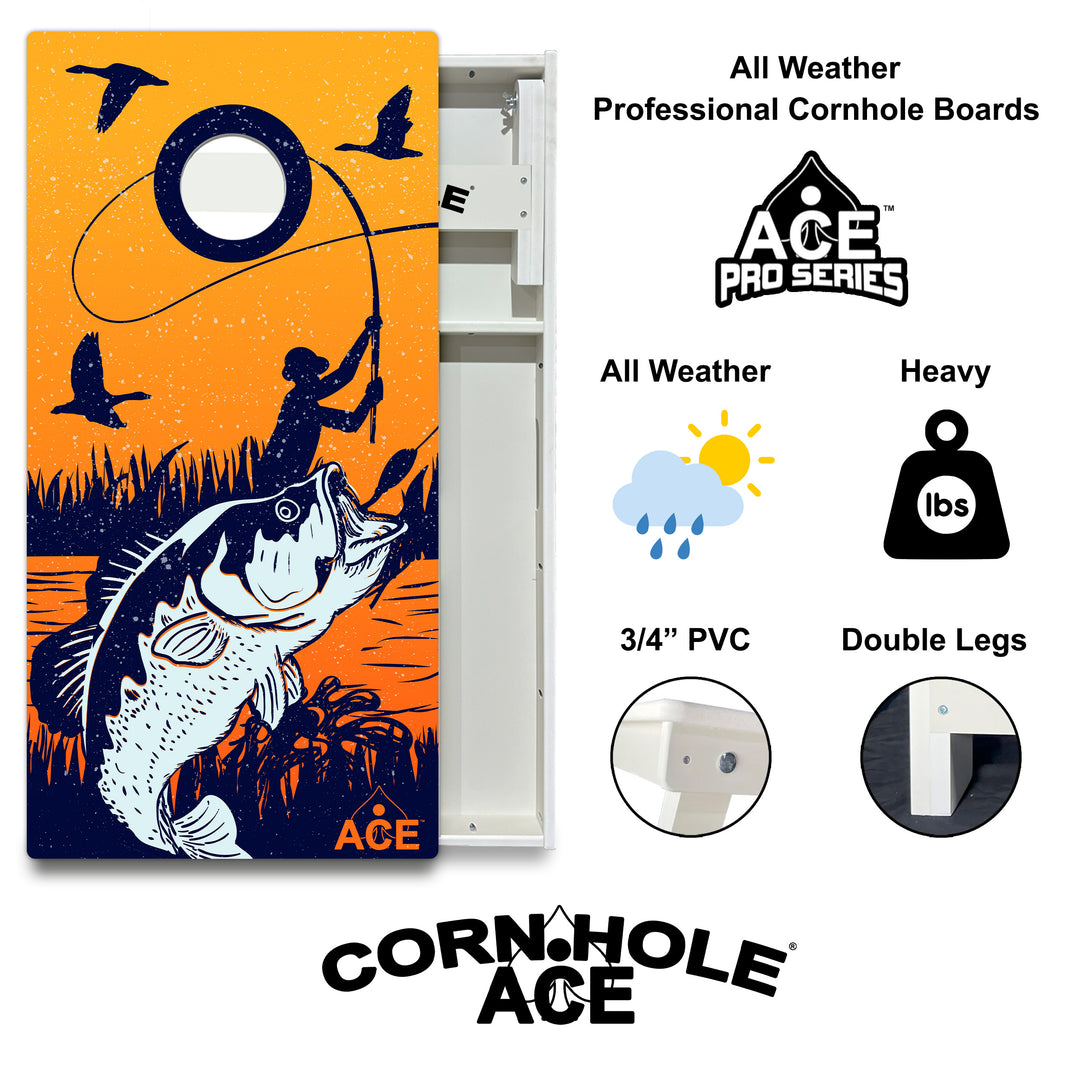 Bass Fishing at Sunset - Cornhole Board Set - All Weather