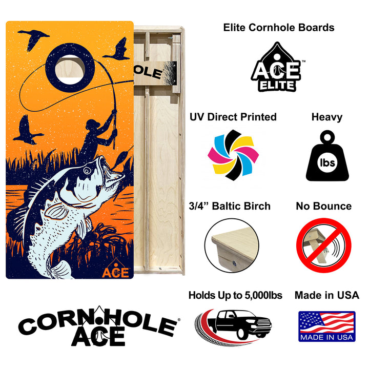 Bass Fishing at Sunset - Cornhole Board Set - Elite