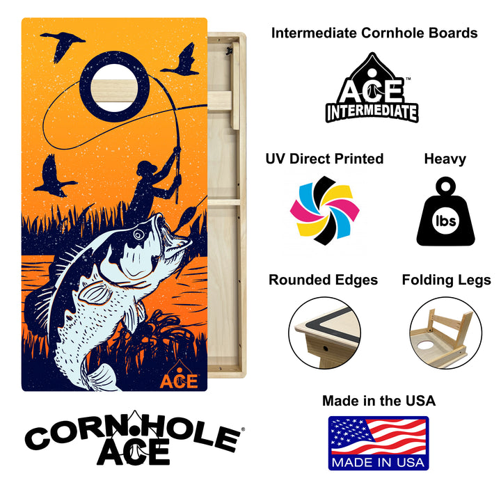 Bass Fishing at Sunset - Cornhole Board Set - Intermediate