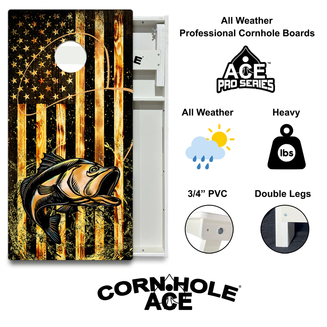 Bass Fishing with USA Flag - Cornhole Board Set - All Weather