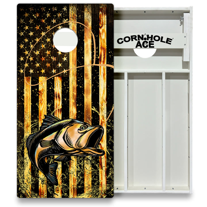 Bass Fishing with USA Flag - Cornhole Board Set - All Weather