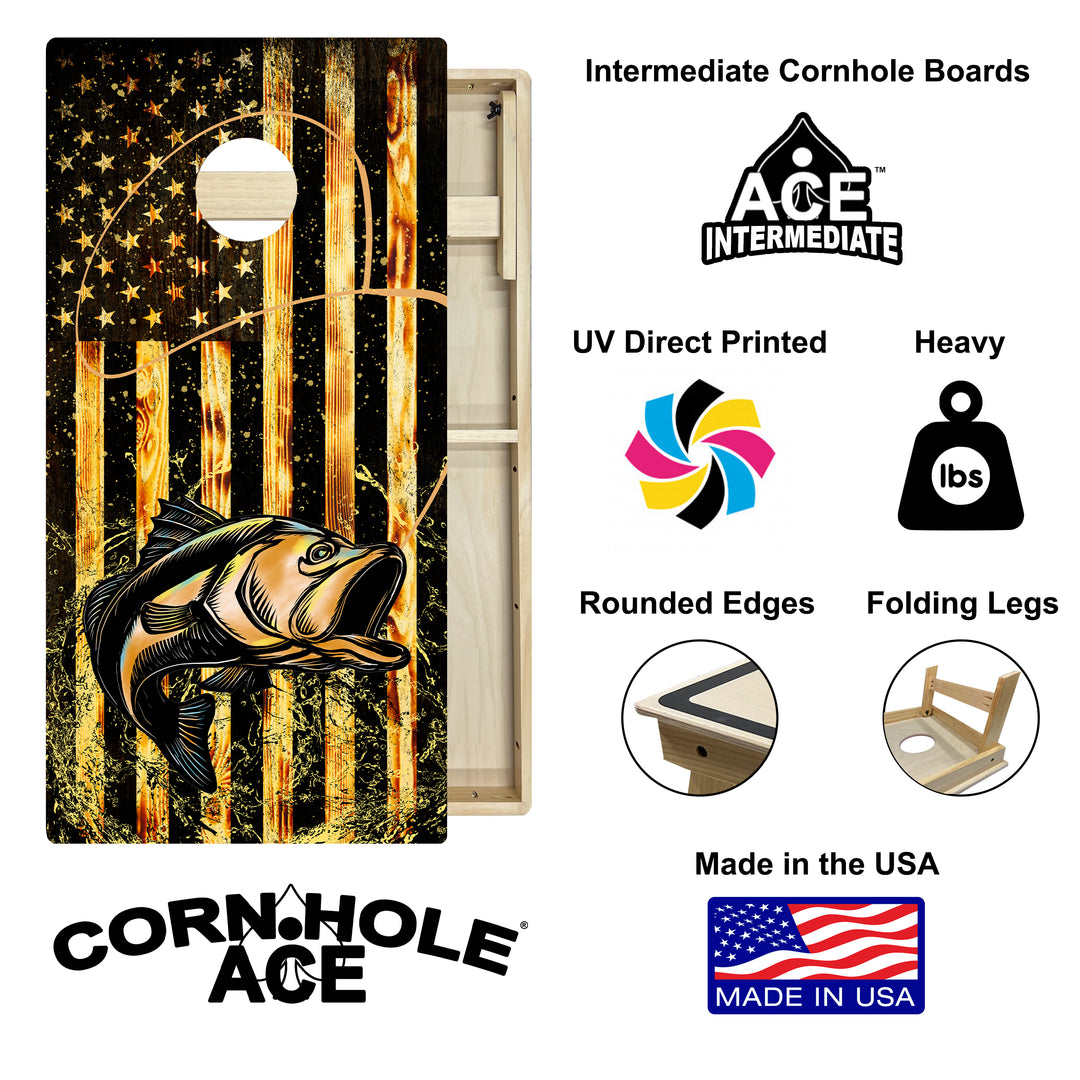 Bass Fishing with USA Flag - Cornhole Board Set - Intermediate