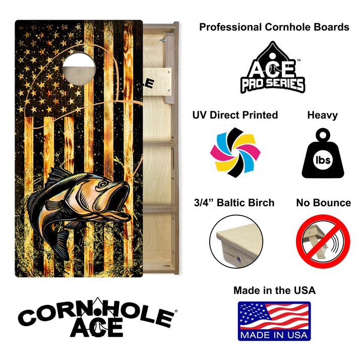 Bass Fishing with USA Flag - Cornhole Board Set - Professional