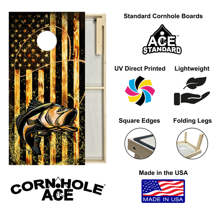 Bass Fishing with USA Flag - Cornhole Board Set - Standard