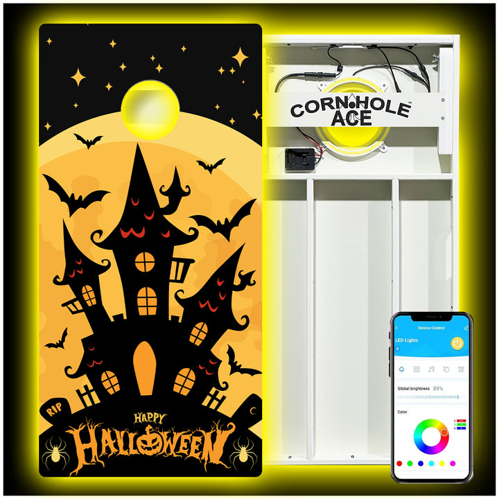 Black Haunted House - Cornhole Board Set - All Weather - With Pro Light Kit
