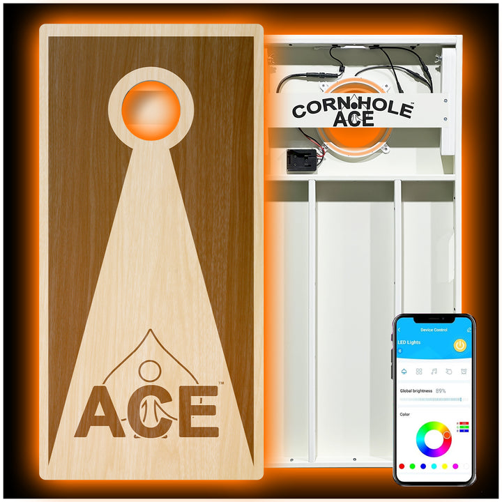 Brown Stained ACE Inverse Triangle - Cornhole Board Set - All Weather - With Pro Light Kit