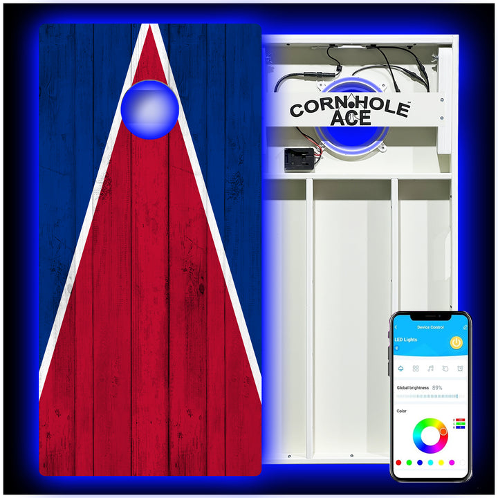 Buffalo Tailgate Triangle Design (Red and Royal Blue) - Cornhole Board Set - All Weather - With Pro Light Kit