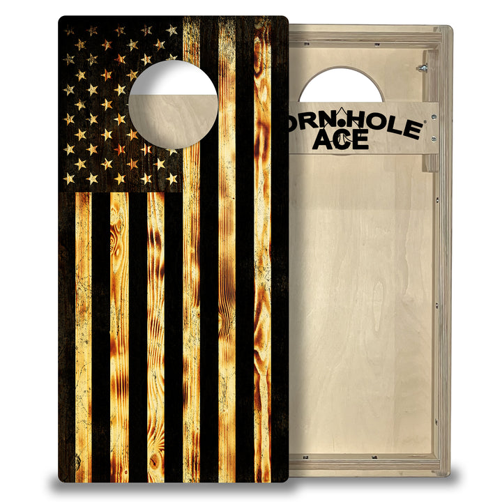 BLEMISHED USA Flag Burnt Wood - Cornhole Boards Set - Tailgate