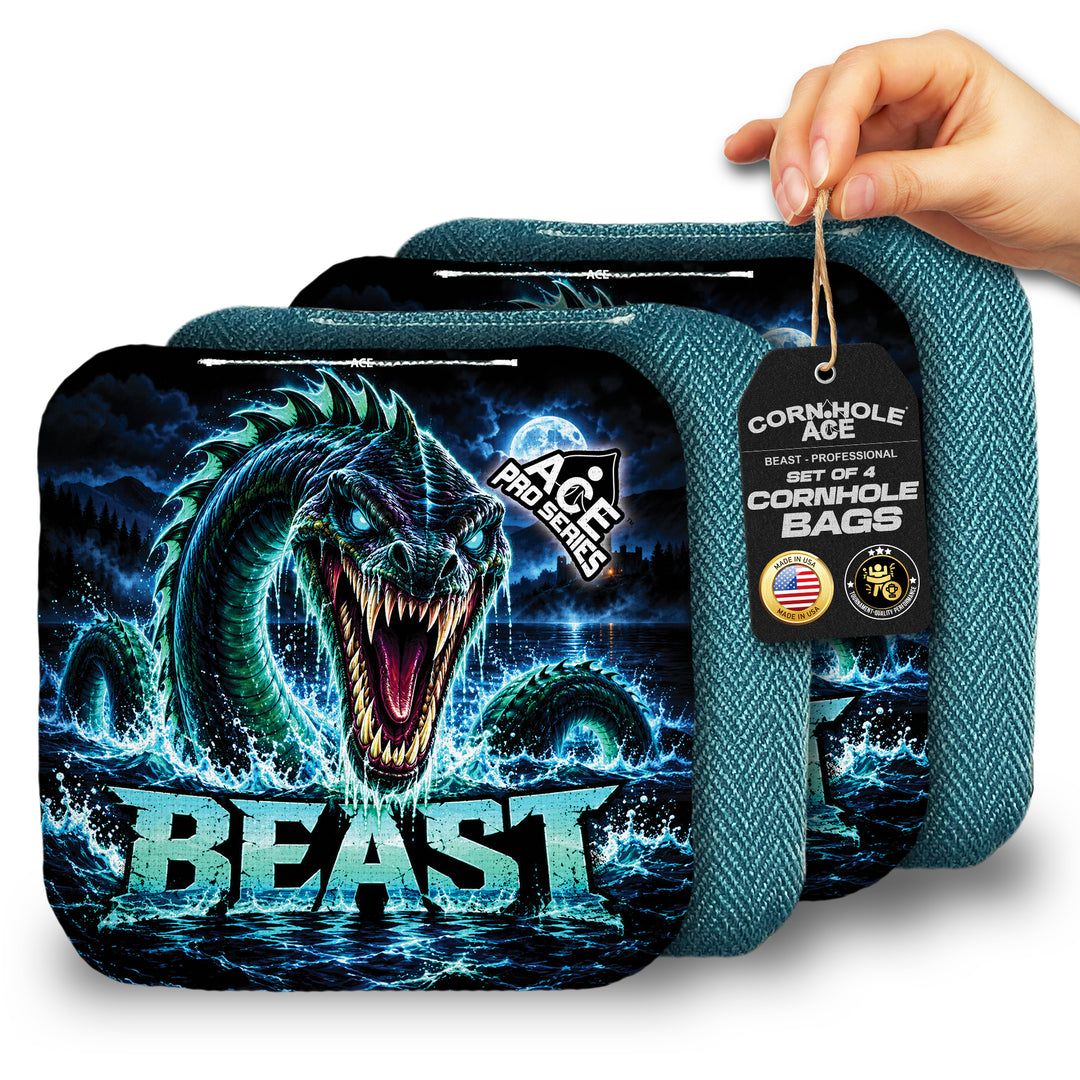 Beast Carpet Teal Loch Ness Monster ACE Pro carpet cornhole bags main view with branded fabric design