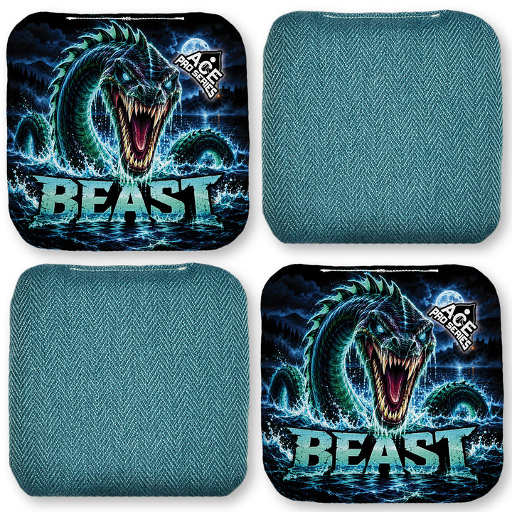 Beast Carpet Teal Loch Ness Monster ACE Pro carpet cornhole bags four-bag layout showing front and back designs