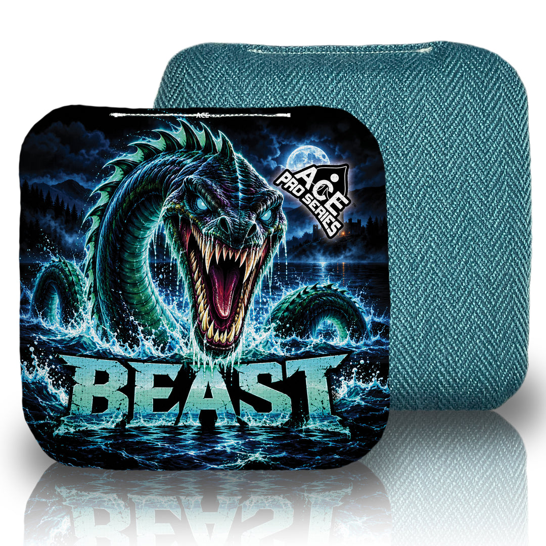 Beast Carpet Teal Loch Ness Monster ACE Pro carpet cornhole bags front design and teal herringbone carpet back view
