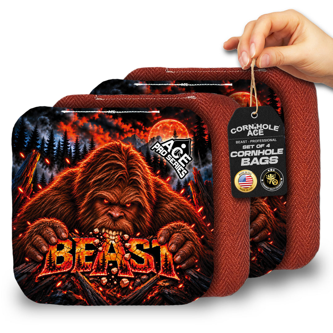 Beast Carpet Red Sasquatch Munchies ACE Pro carpet cornhole bags main view with branded fabric design