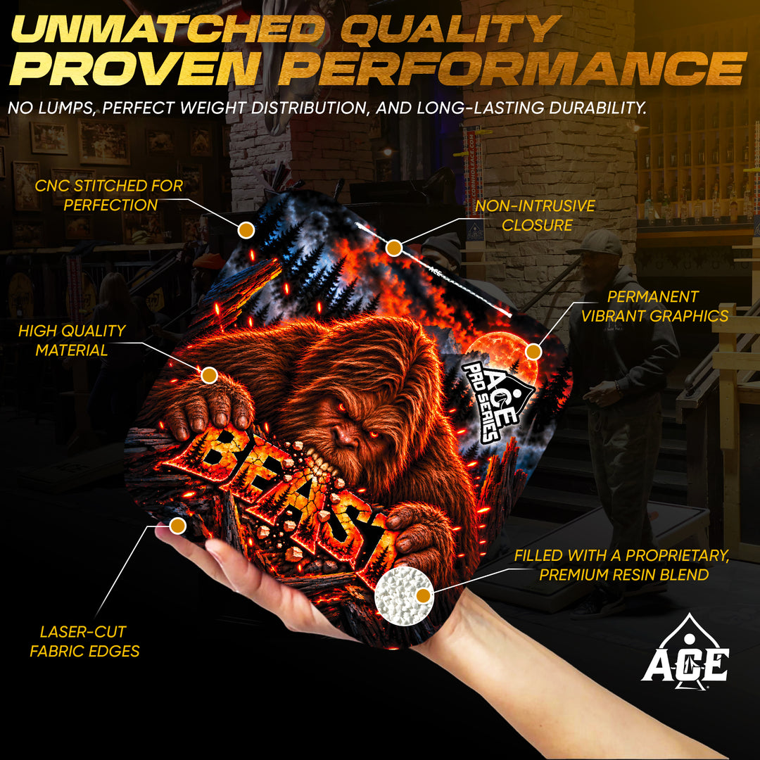 Beast Carpet Red Sasquatch Munchies ACE Pro carpet cornhole bags unmatched quality and proven performance graphic