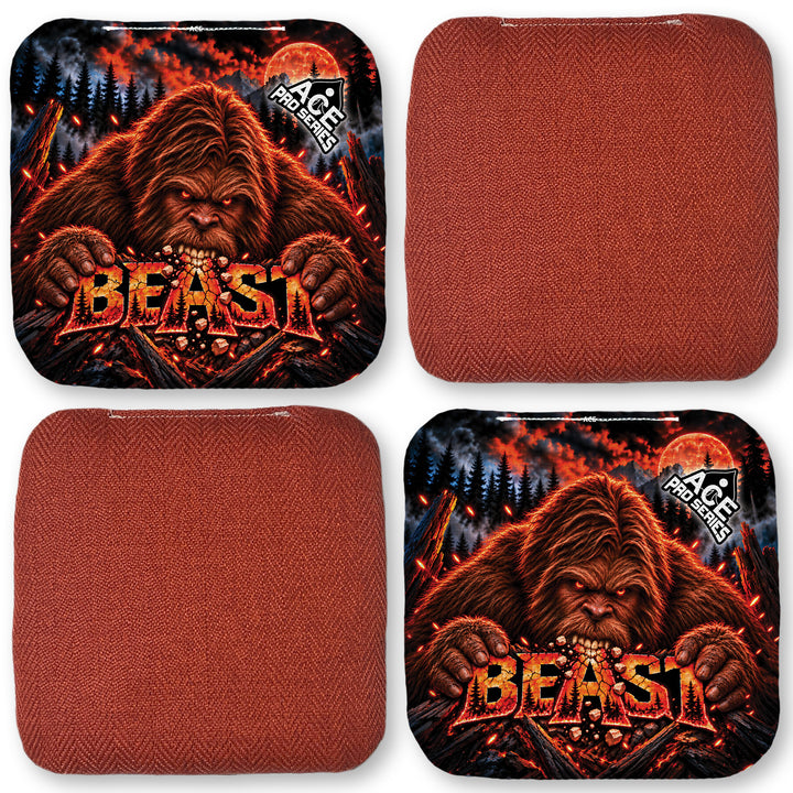 Beast Carpet Red Sasquatch Munchies ACE Pro carpet cornhole bags four-bag layout showing front and back designs