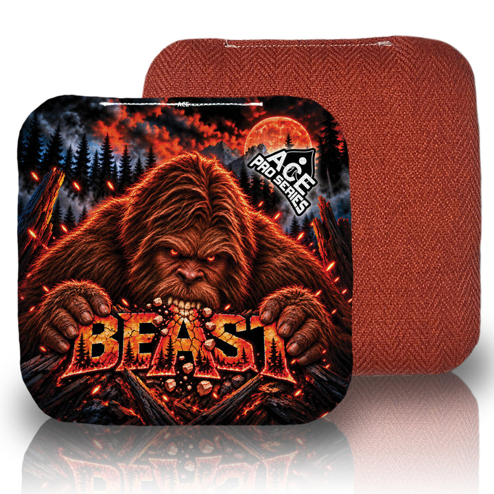 Beast Carpet Red Sasquatch Munchies ACE Pro carpet cornhole bags front design and red herringbone carpet back view