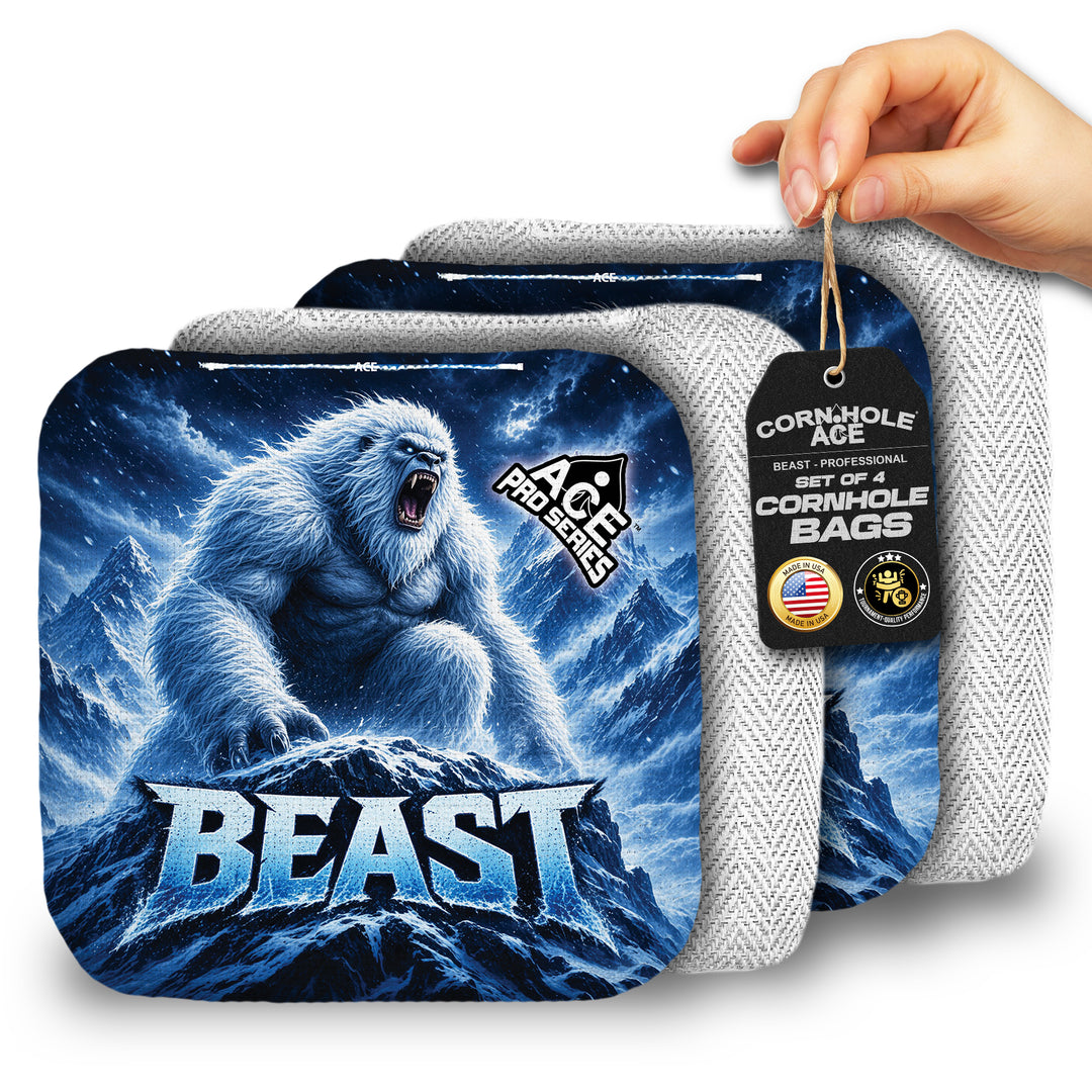 Beast Carpet White Yeti ACE Pro carpet cornhole bags main view with branded fabric design