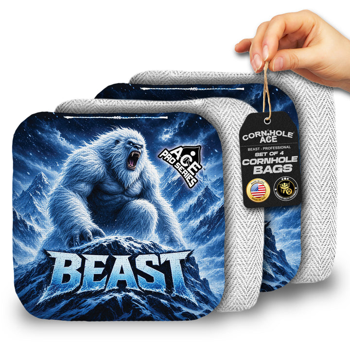 Beast Carpet White Yeti ACE Pro carpet cornhole bags main view with branded fabric design