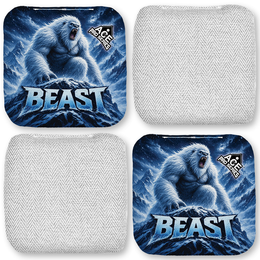 Beast Carpet White Yeti ACE Pro carpet cornhole bags four-bag layout showing front and back designs