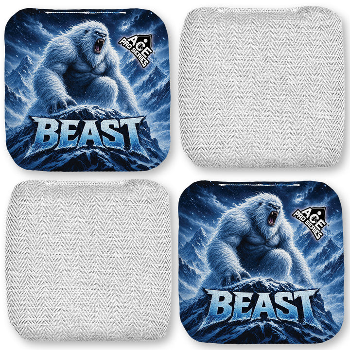 Beast Carpet White Yeti ACE Pro carpet cornhole bags four-bag layout showing front and back designs